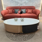 Two-Tone Oval Coffee Table with White Marble Top, High-Gloss Panels and Metal Base
